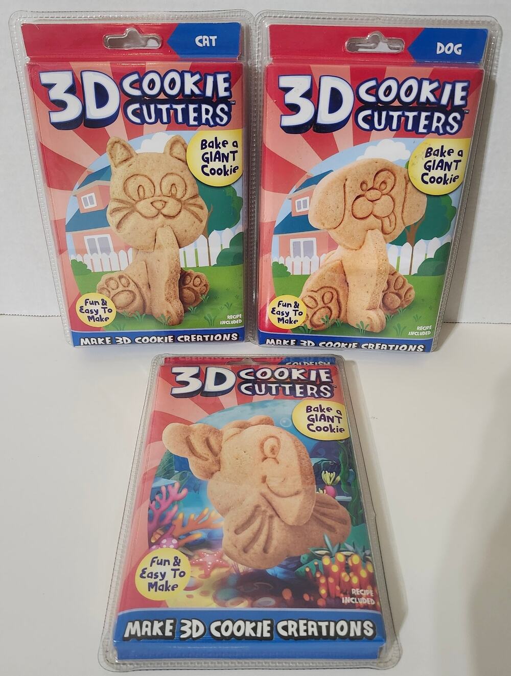 3D Cookie Cutters Lot of 3 Cat Dog Goldfish Bake Giant Cookie New Sealed